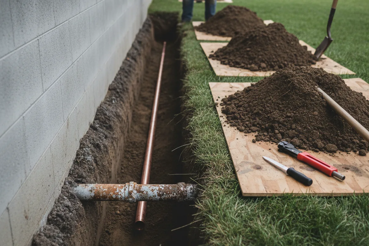 Excavated water line trench during Sewer Line Repair in Niagara Falls